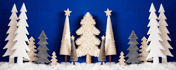 Banner, Christmas Trees, Snow, Blue Wooden Background — стокове фото