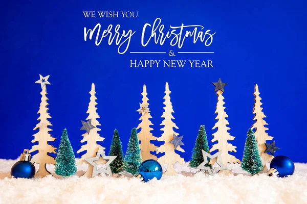 나무, 눈, 푸른 별, 메리 크리스마스 And Happy New Year, Blue Background — 스톡 사진