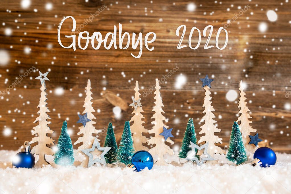 Christmas Tree, Snow, Blue Star, Goodbye 2020, Wooden Background, Snowflakes