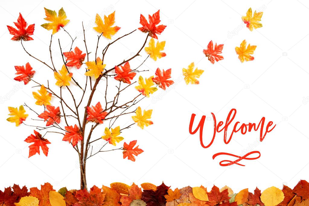 Tree With Colorful Leaf Decoration, Leaves Flying Away, Text Welcome
