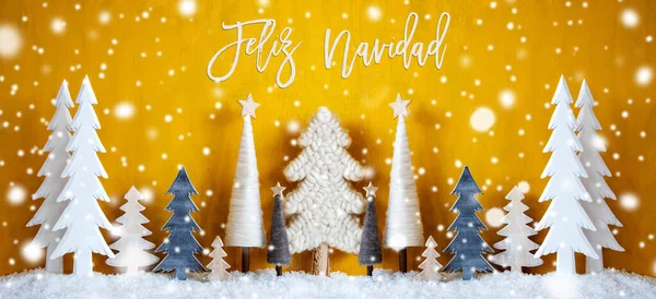 Banner, tre, snøfnugg, gul bakgrunn, Feliz Navidad betyr god jul – stockfoto