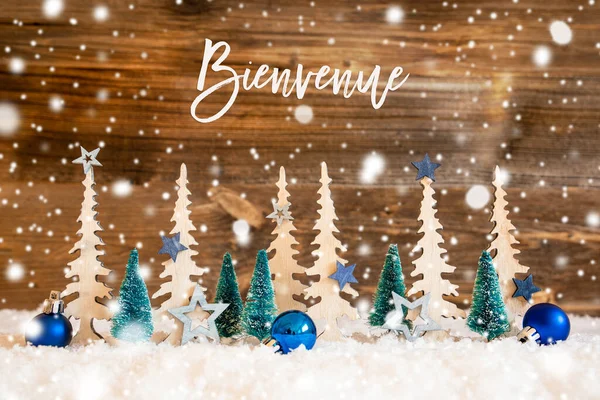 Vánoční strom, vločky, Modrá hvězda, ples, Bienvenue prostředky Vítejte,, Dřevo — Stock fotografie