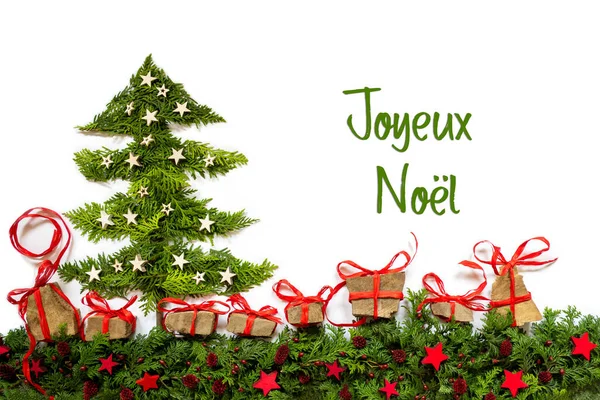 Tree, Fir Branch, Gifts, Silver Stars, Joyeux Noel Means Merry Christmas — Stock Photo, Image