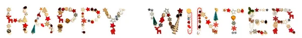 Színes karácsonyi dekoráció levél épület szó Boldog tél — Stock Fotó