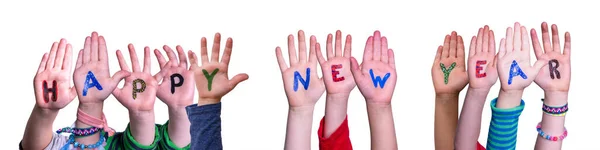 Παιδιά Χέρια οικοδόμηση Word Ευτυχισμένο το νέο έτος, απομονωμένο υπόβαθρο — Φωτογραφία Αρχείου