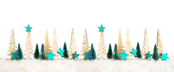 Χριστουγεννιάτικο Δέντρο Banner, Τυρκουάζ Διακόσμηση Αστέρων, Απομονωμένο φόντο, χιόνι — Φωτογραφία Αρχείου