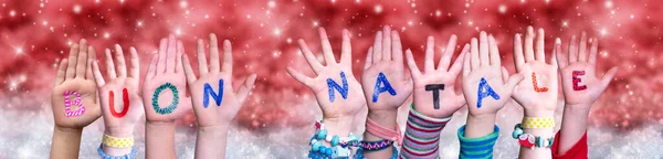 Children Hands Buon Natale Means Merry Christmas, Red Christmas Background — Stock Photo, Image