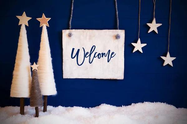 Árbol de Navidad, Fondo Azul, Nieve, Texto Bienvenido — Foto de Stock