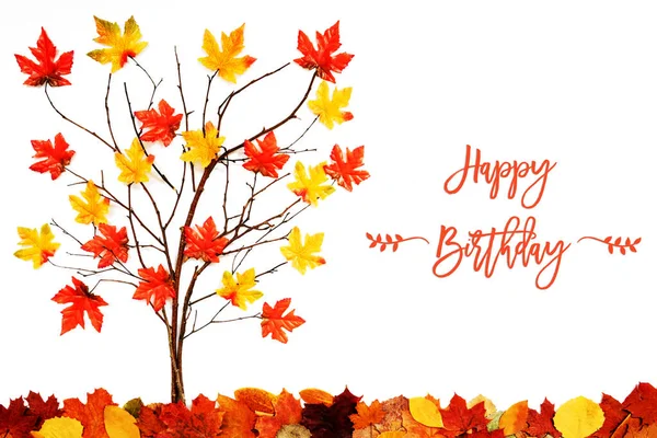 Дерево с красочными листьями, английская каллиграфия С днем рождения — стоковое фото