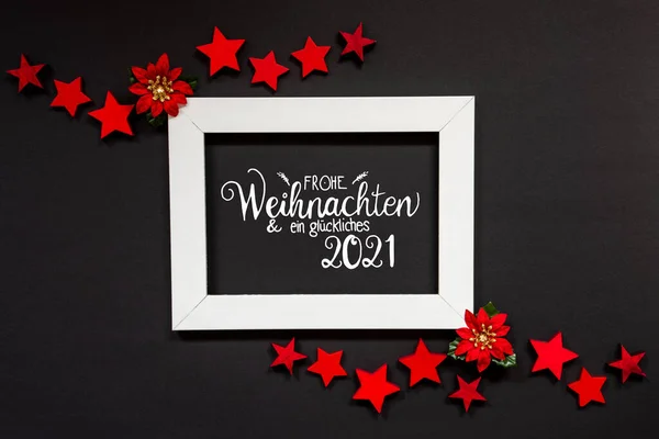 Frame, Red Winter Rose, Star, Glueckliches 2021 Means Happy 2021 — стокове фото