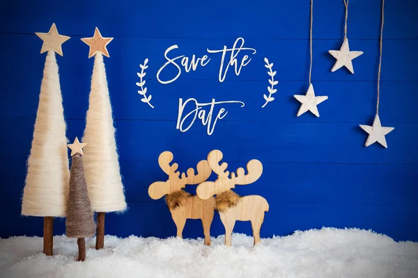 Juletræ, elg, sne, stjerne, tekst gemme datoen - Stock-foto