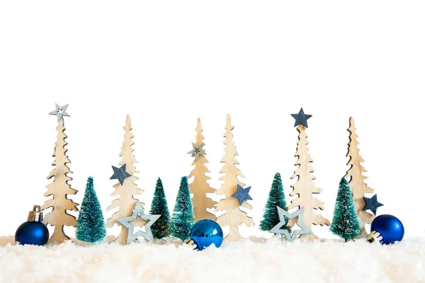 Árvore de Natal, Neve, Estrela Azul, Bola, Espaço para Cópia, Fundo Branco — Fotografia de Stock