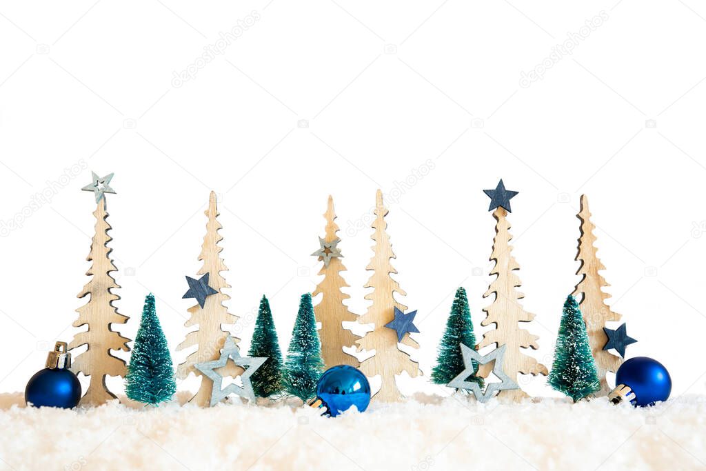 Christmas Tree, Snow, Blue Star, Ball, Copy Space, White Background