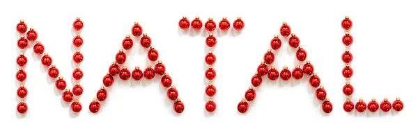 Adorno rojo de la bola de Navidad Construcción Palabra Natal significa Navidad — Foto de Stock