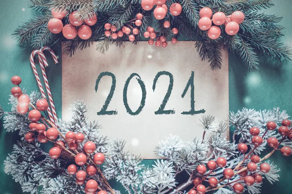 Christmas Garland, Fir Tree Branch, Snowflakes, Text 2021 — ストック写真