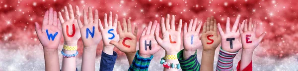 Dzieci Ręce Wunschliste oznacza Lista życzeń, Czerwone Boże Narodzenie tle — Zdjęcie stockowe