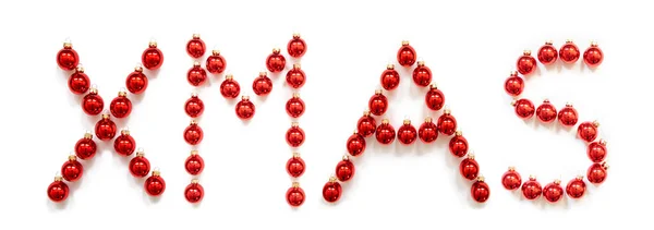 Rote Weihnachtskugel Ornament Gebäude Wort Weihnachten — Stockfoto