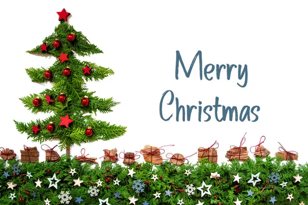 Weihnachtsbaum, rote Kugeln, Tannenzweig, Text Frohe Weihnachten — Stockfoto