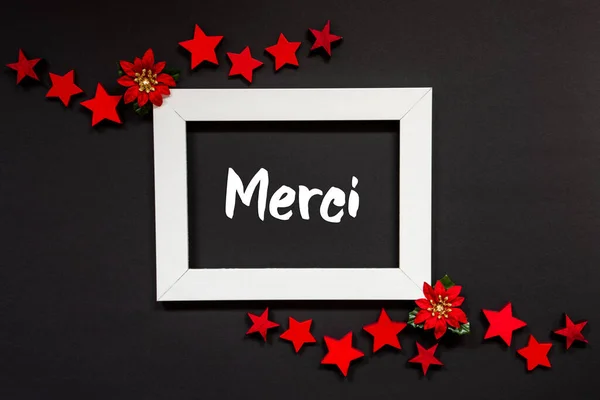 Frame, Red Winter Rose, Star, Merci Means Thank You — Stock Photo, Image