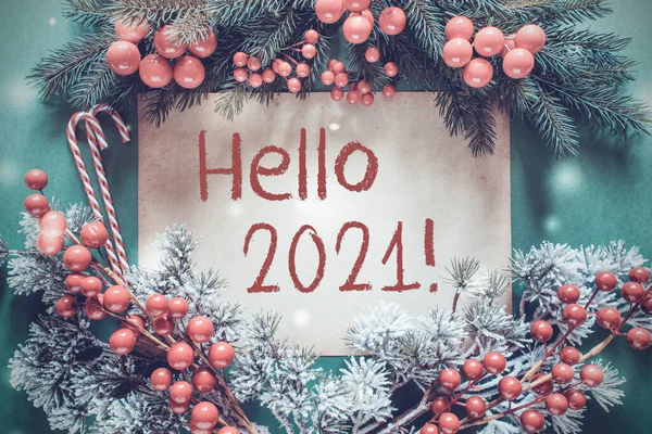 Christmas Garland, Fir Tree Branch, Snowflakes, Text Hello 2021 — ストック写真