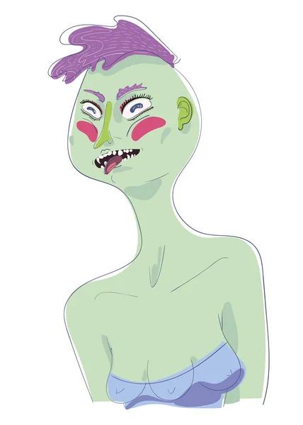 Green Skinned Alien Which Has Pink Hair Three Boobs Shows — Stock Vector