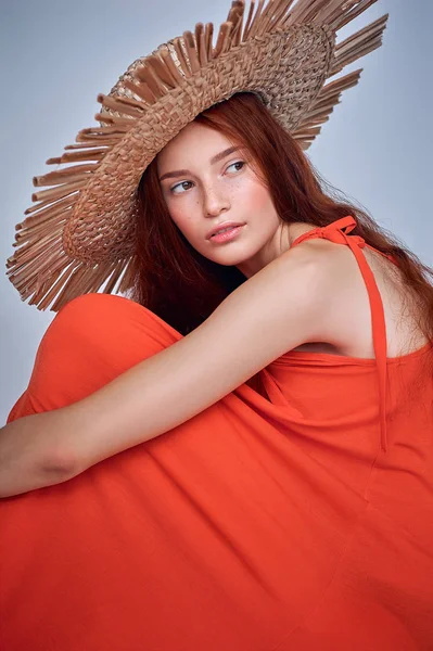 Beautiful Redhead Woman Posing Red Dress Straw Hat Isolated Grey — Stock Photo, Image