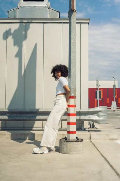 Vista lateral da bela jovem mulher americana africana elegante inclinando-se no pólo na rua — Fotografia de Stock