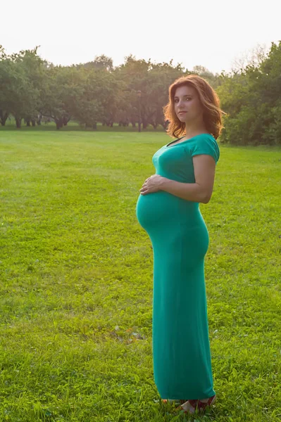 Beautiful pregnant girl on long term in green long dress on grass and trees background.