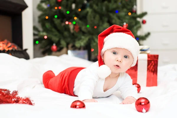 Baby New Year Dress White Background Lights Christmas Garland Background — Stock Photo, Image