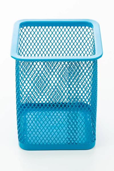 Blue metal mesh trash, stand for pens and pencils, top view