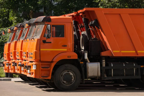 Quatre Camions Utilitaires Tiennent Dans Une Rangée Dans Parking — Photo