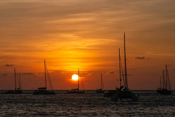 Силуети яхт у морі на заході сонця — стокове фото