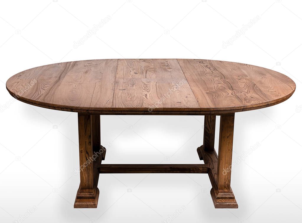 Large massive dining table of expensive mahogany in unfolded condition on white background with shadow