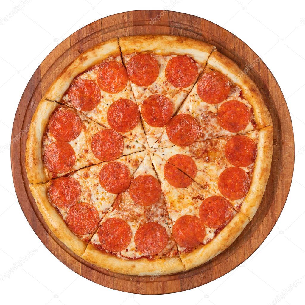Pizza pepperoni on a wooden round tray top view, isolated background