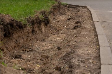 Yol boyunca kaldırım taşı değiştirmek için onarım çalışmaları