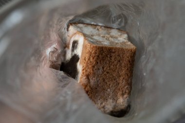 şeffaf bir selofan torbasında küflü çavdar ekmeği yarım somun