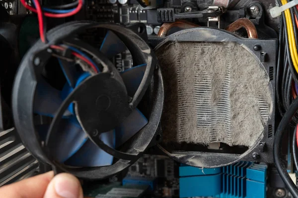 İçinde toz olan eski bilgisayar sistemi soğutucusu. Bilgisayar bilgisayar işlemcisinin üzerindeki toz, bilgisayar dosya parçasıyla birlikte..