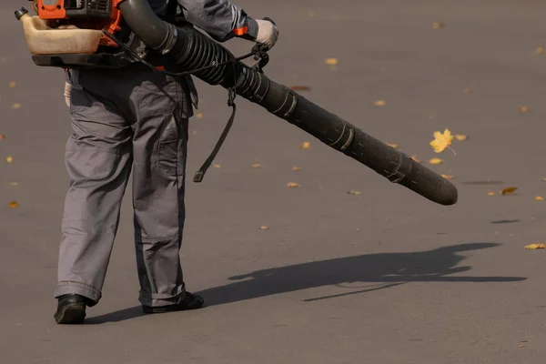 Tukang kebun dengan tas blower bekerja di taman kota, meniup daun — Stok Foto