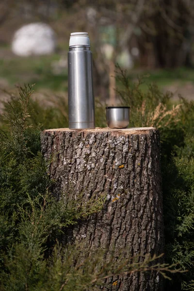 在针叶林的老树桩上 有一个热茶杯的钢制热水瓶 在抽象的背景下扎营 垂直框架 — 图库照片