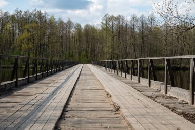 Nehrin üzerindeki tahta yol köprüsü yaz manzarasının arka planında ve mavi gökyüzünde.