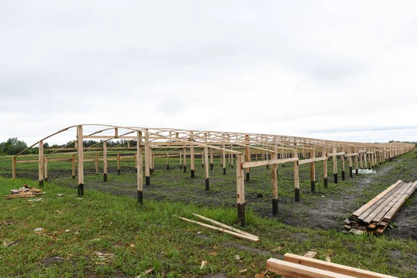 Bouw Van Een Houten Kas Het Veld — Stockfoto