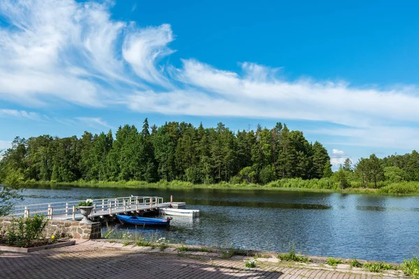 Boat crew on the island. Valaam is a cozy and quiet piece of land, the rocky shores of which rise above the lush waters of lake Ladoga