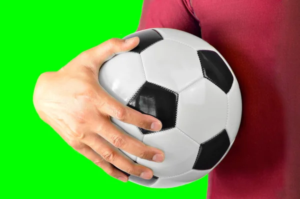 Imagem Recortada Jovem Segurando Uma Bola Futebol Sob Braços Usando — Fotografia de Stock