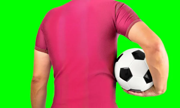 Widok Tyłu Skadrowana Młody Piłkarz Trzymając Piłkę Ręce Czerwony Shirt — Zdjęcie stockowe