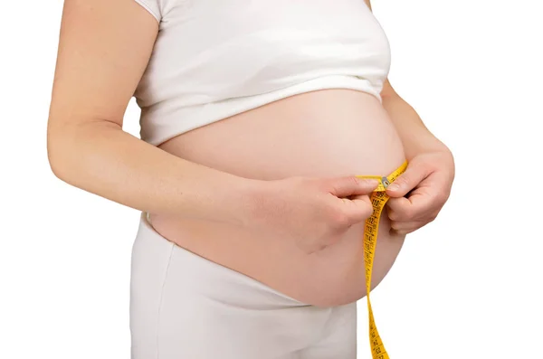 Een Zwangere Vrouw Haar Maag Meten Met Een Meetlint Horizontale — Stockfoto