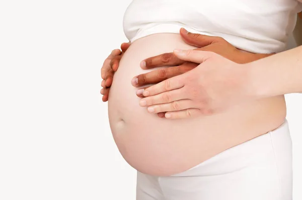 Closeup Shot Husband Black Race Wife Holding Her Pregnant Belly — Stock Photo, Image