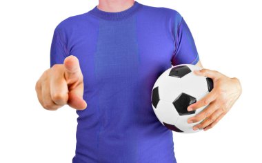 Stüdyo çekim bir y futbol futbolcu mavi bir gömlek ve beyaz arka plan ile sana bir seçme parmakla