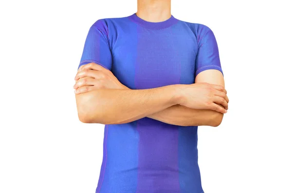 Beskuren Bild Ung Fotbollsspelare Med Korsade Armar Bär Blå Tshirt — Stockfoto