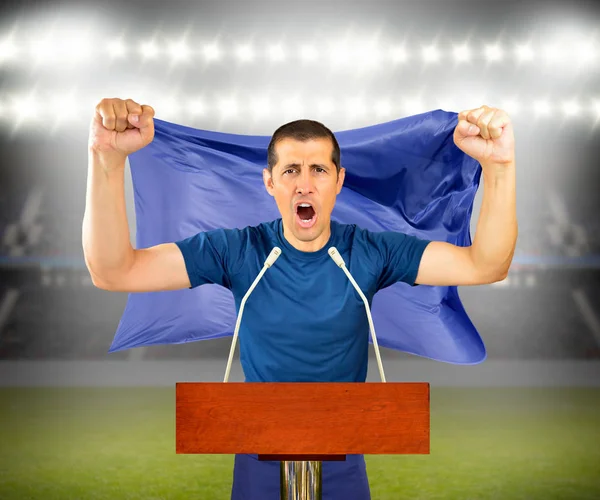 Apoiantes Homem Estádio Gritando Pela Vitória Com Bandeira Azul — Fotografia de Stock