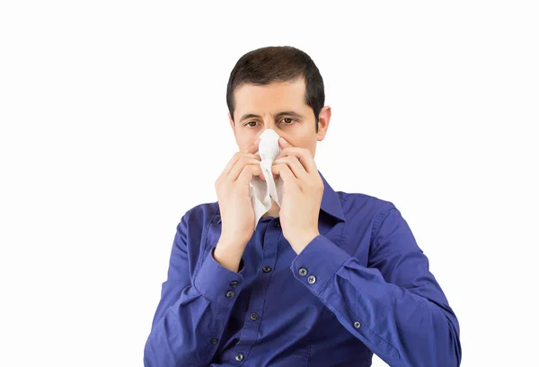 Estornudos Hombre Negocios Enfermo Soplado Nariz Con Fondo Blanco — Foto de Stock
